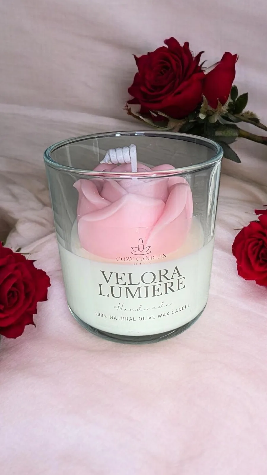Velora Lumière – handgemachte Olivenwachskerze im Glas | Naturkerze als Geschenk zum Valentinstag & Muttertag – Bild 3