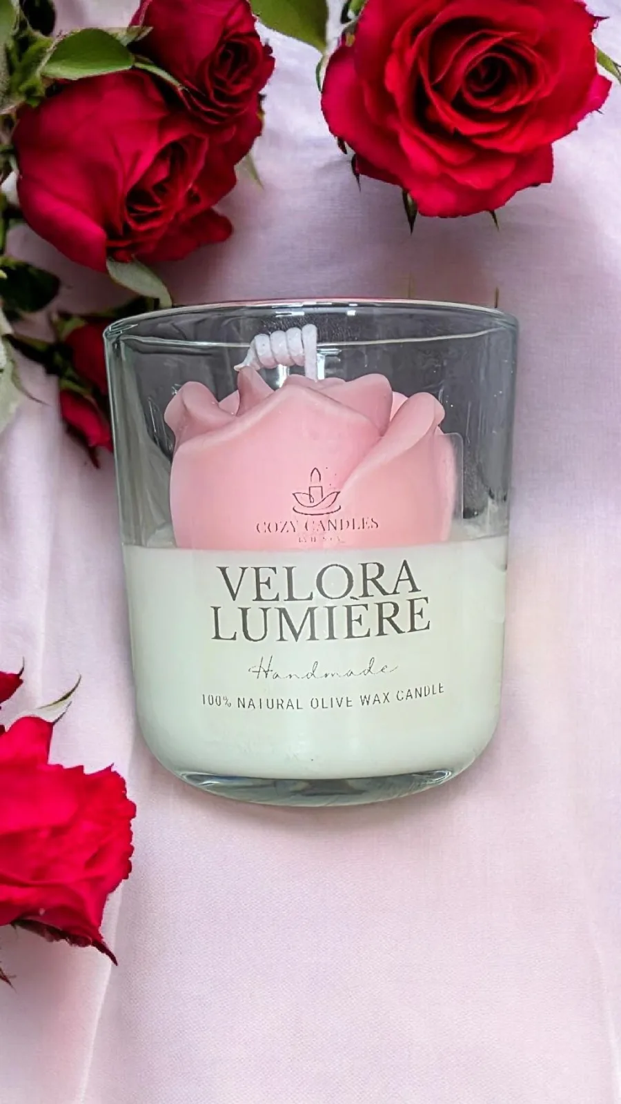 Velora Lumière – handgemachte Olivenwachskerze im Glas | Naturkerze als Geschenk zum Valentinstag & Muttertag