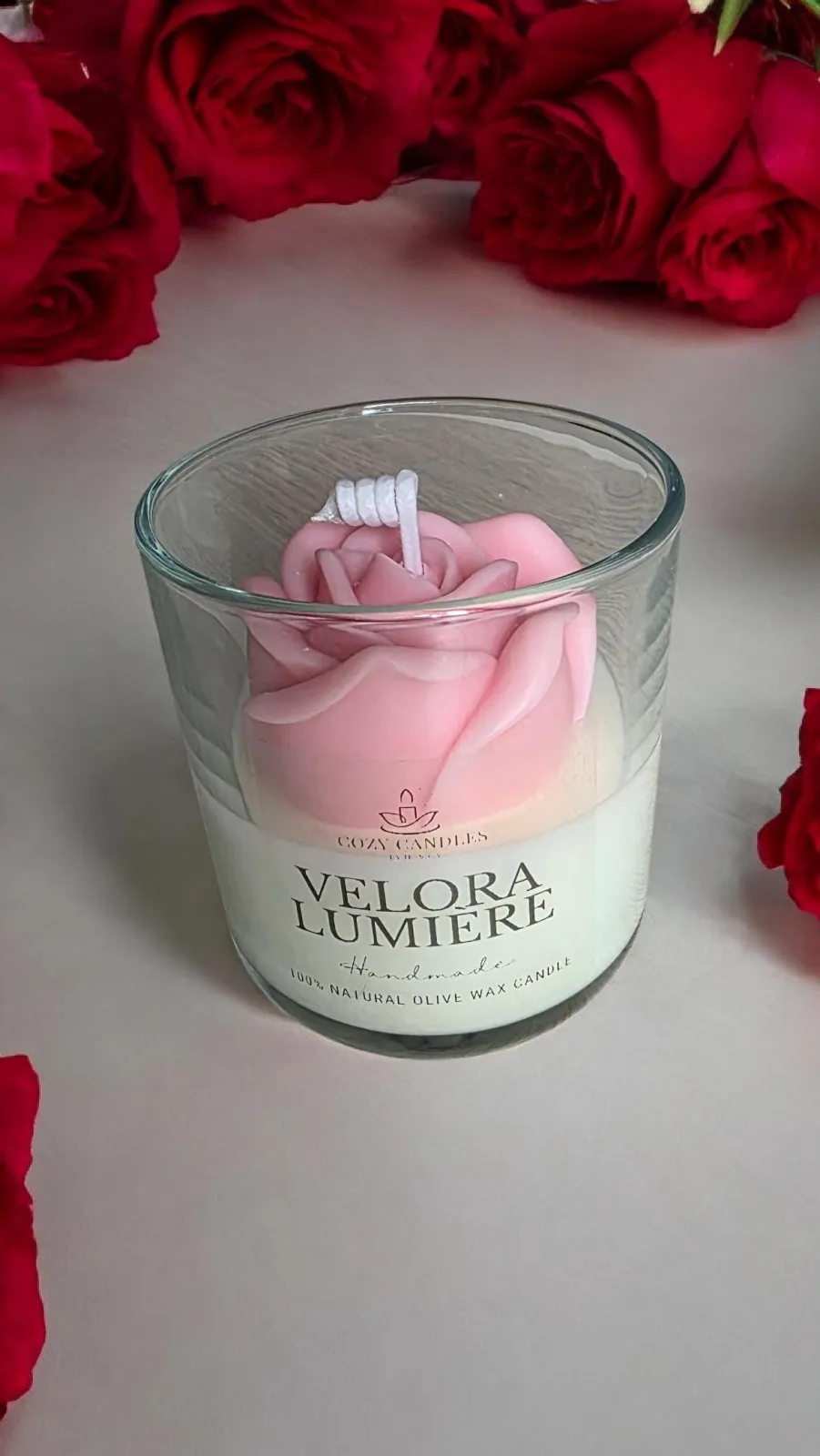 Velora Lumière – handgemachte Olivenwachskerze im Glas | Naturkerze als Geschenk zum Valentinstag & Muttertag – Bild 4
