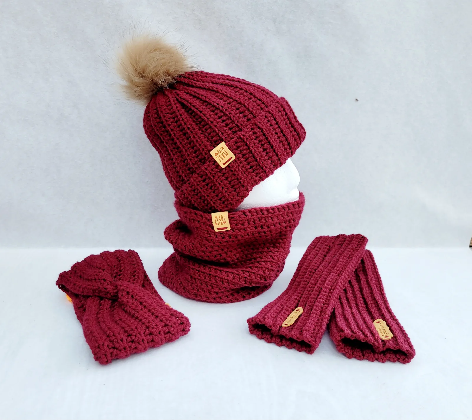 Handgehäkelte Handstulpen mit Daumenöffnung für Damen und größere Mädchen Dunkelrot Winter Mischwolle – Bild 2