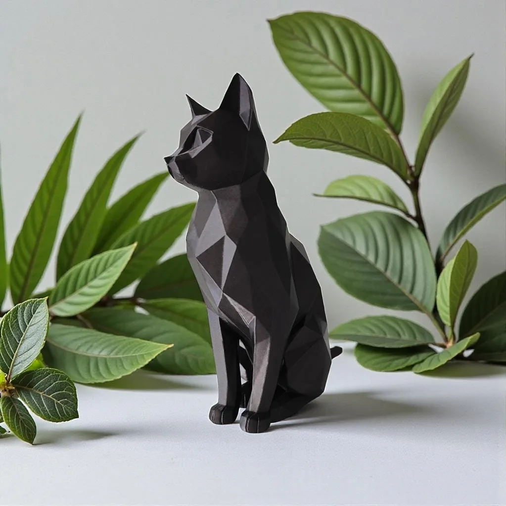 Katze Deko Schwarz Matt | Geometrische Figur Sitzend | Skandi Wohnzimmer Skulptur | Geschenk für Katzenliebhaber