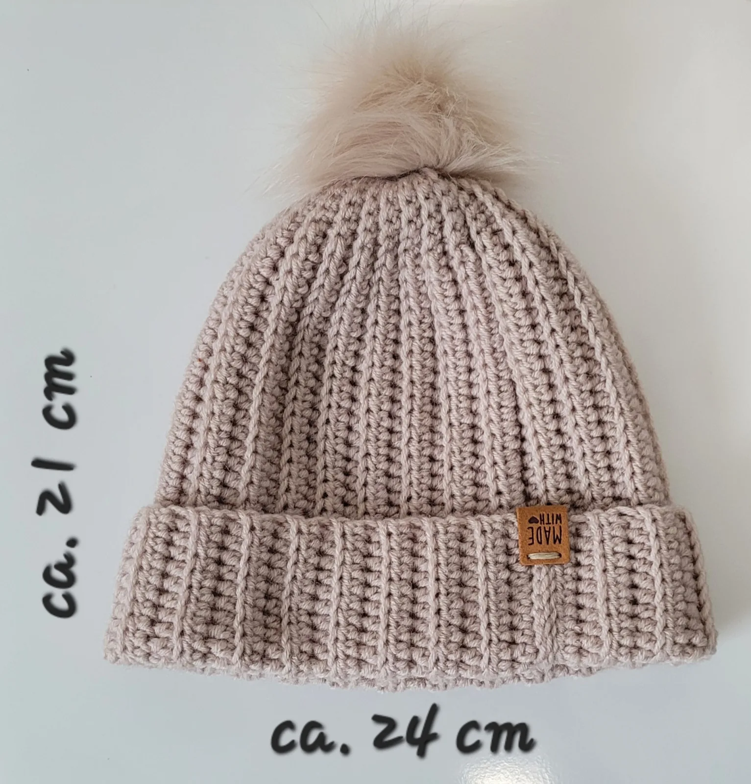 Handgehäkelte Mütze Damen und größere Mädchen - Grau-Beige (Steinfarbton) Wintermütze Mischwolle Acryl/Wolle 51–56 cm – Bild 6