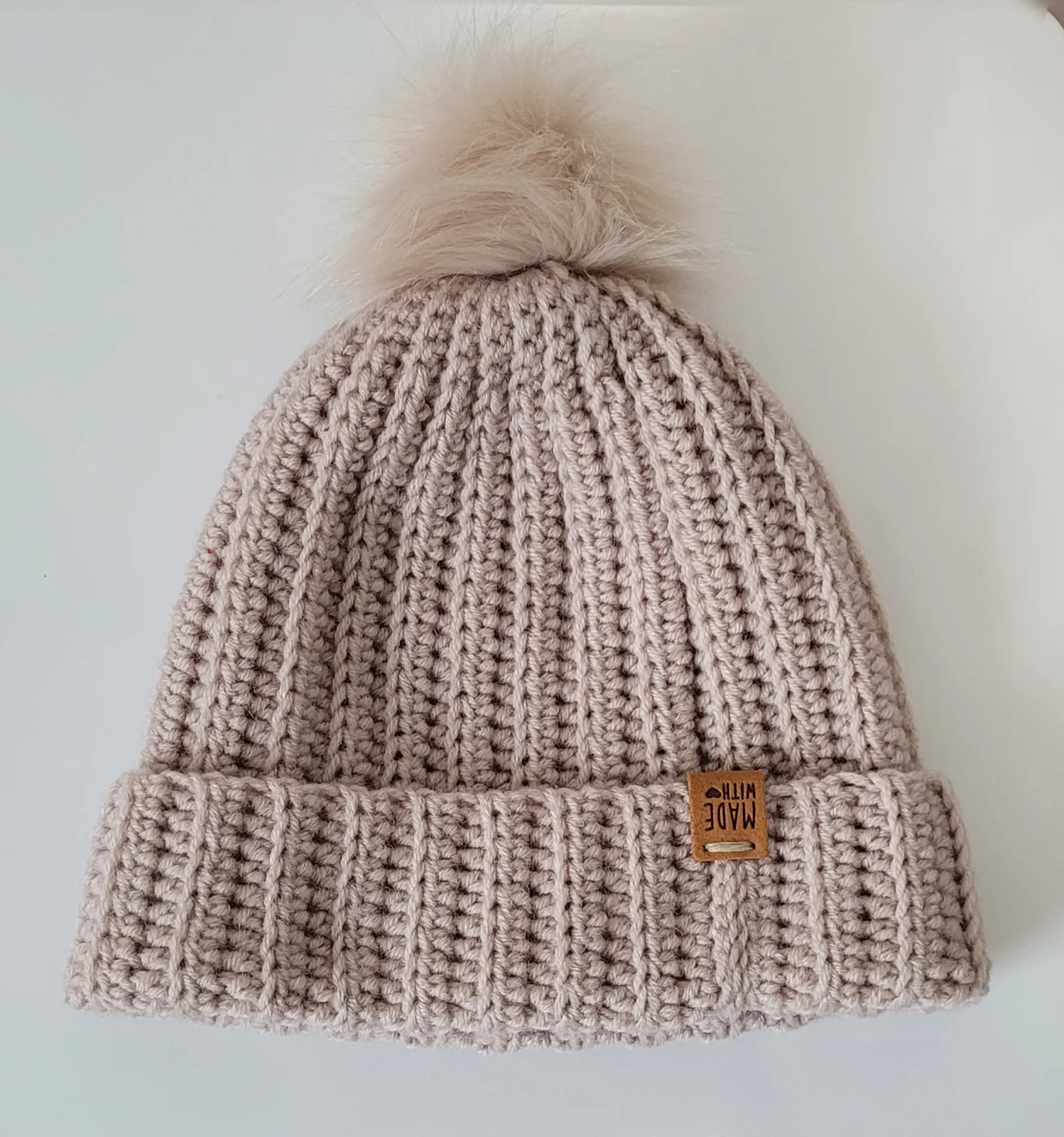 Handgehäkelte Mütze Damen und größere Mädchen - Grau-Beige (Steinfarbton) Wintermütze Mischwolle Acryl/Wolle 51–56 cm – Bild 3