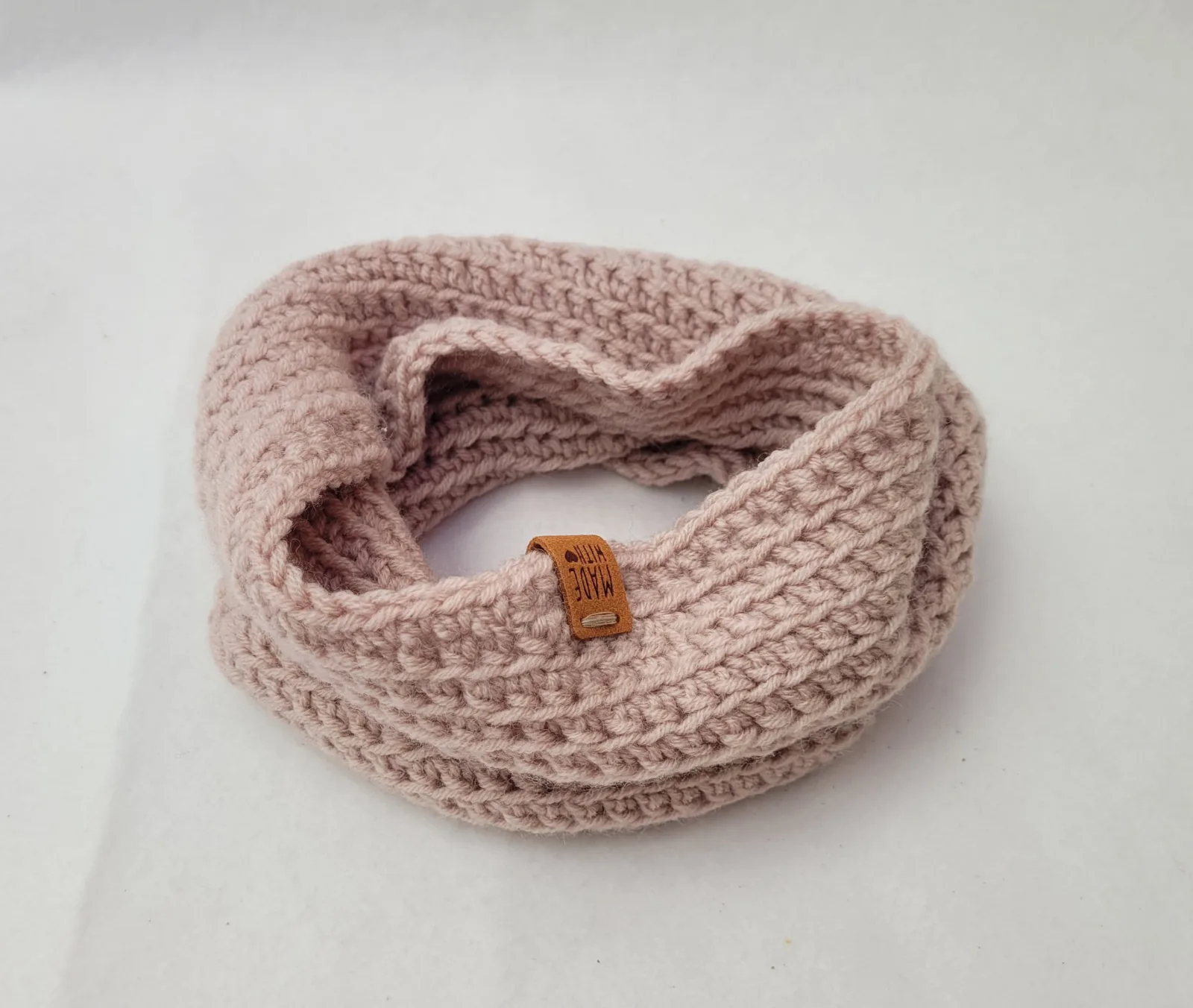 Handgehäkelter Halswärmer für Damen und größere Mädchen Grau-Beige Winter Schlauchschal Mischwolle Einheitsgröße