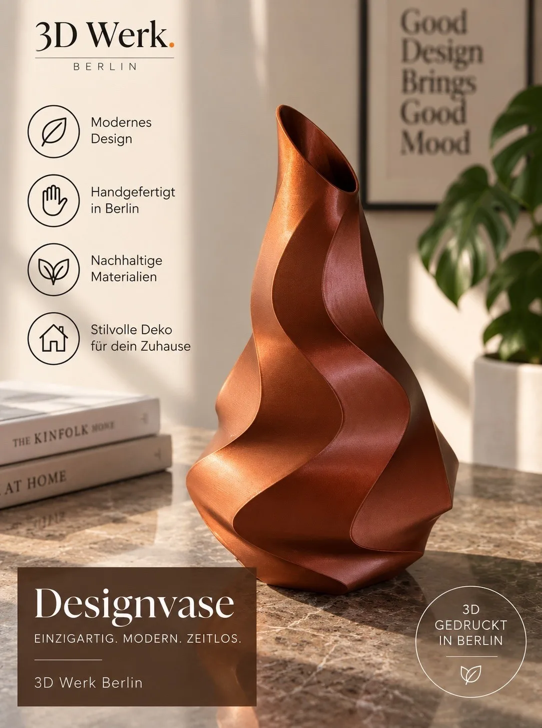 Designvase „Flow“ – 3D gedruckt | Kupfer/Bronze | 3D Werk Berlin