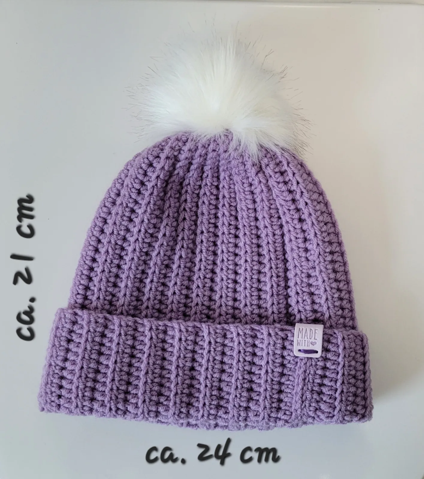 Handgehäkelte Mütze für Damen und größere Mädchen - Lila Wintermütze Mischwolle Acryl/Wolle 51–56 cm – Bild 6