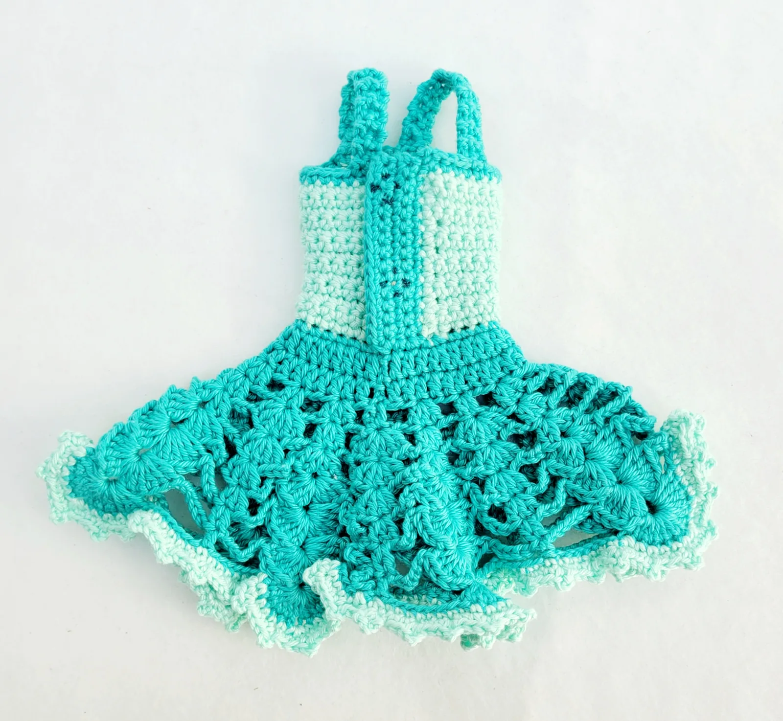 4-teiliges mint hellgrün gehäkeltes Puppen-Outfit Set Kleid, Bolero, Hut, Handtasche für 29 cm Modepuppen Kleidungsset – Bild 8