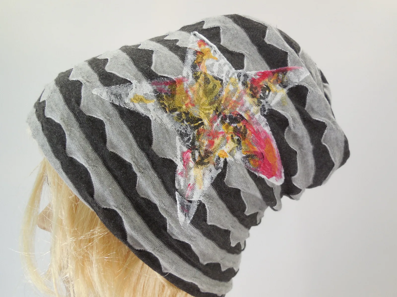 Mütze für 4 Jahreszeiten mit Streifen, leichter Beanie zum Wenden, Slouchy doppelt gelegt ohne Rand, Bio Baumwolle Jersey, Öko Tex Standard – Bild 5