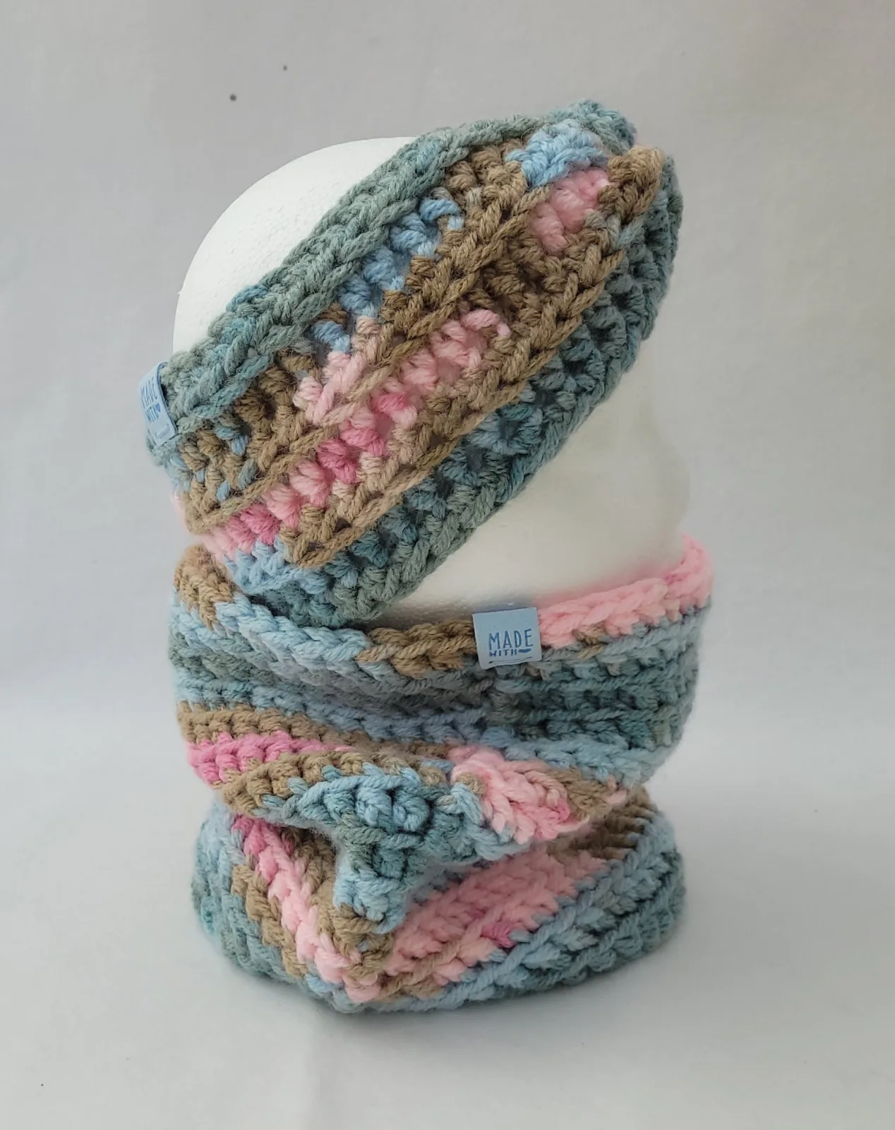 2-teiliges Winter Set bunt für Damen mit Stirnband KU 54–57 cm und Halswärmer -dicke Mischwolle (20% Wolle) handgehäkelt – Bild 11