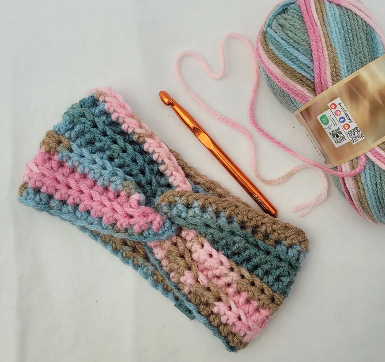 2-teiliges Winter Set bunt für Damen mit Stirnband KU 52–56 cm und Halswärmer -dicke Mischwolle (20% Wolle) handgehäkelt – Bild 8