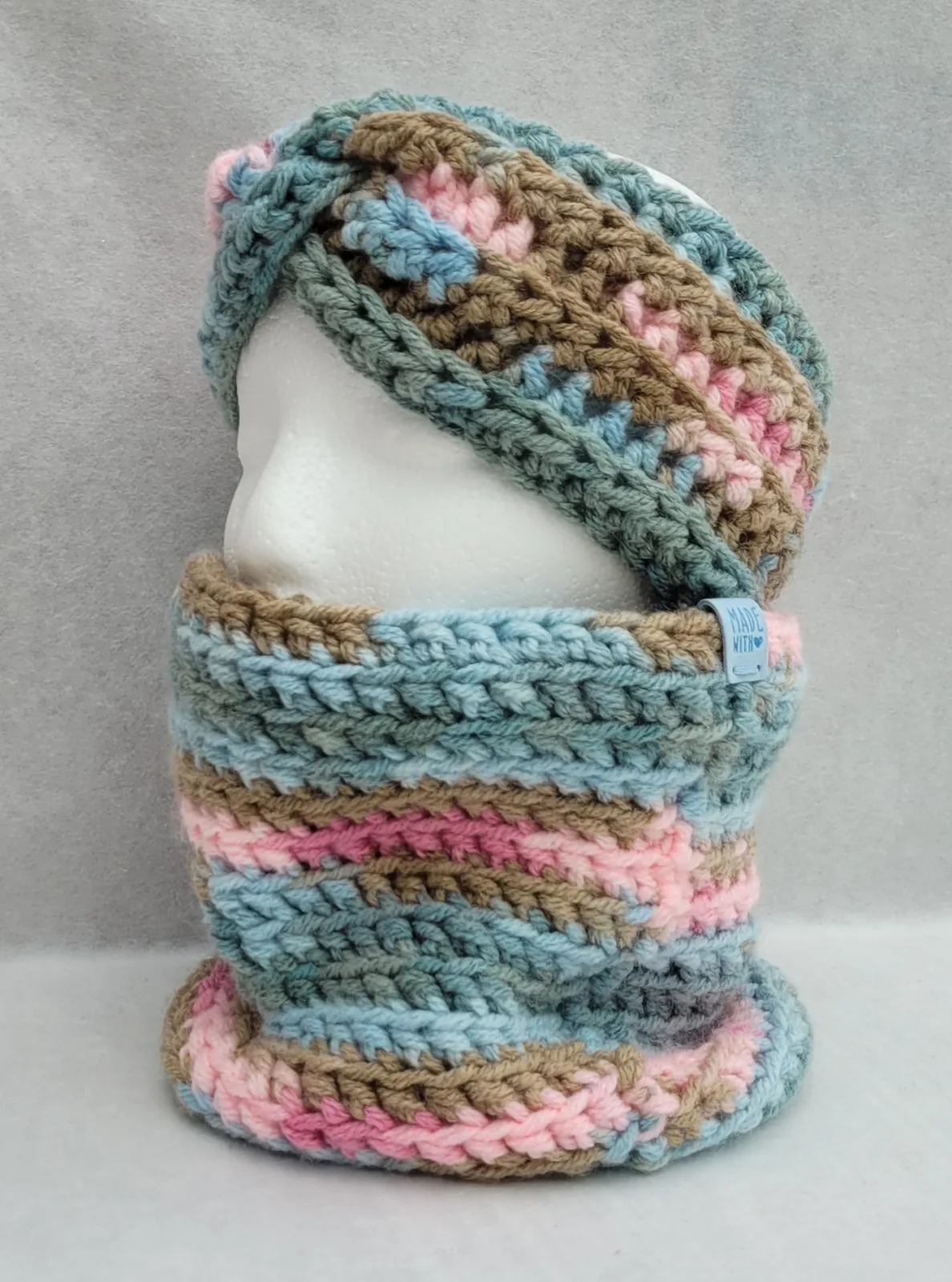 2-teiliges Winter Set bunt für Damen mit Stirnband KU 54–57 cm und Halswärmer -dicke Mischwolle (20% Wolle) handgehäkelt – Bild 7