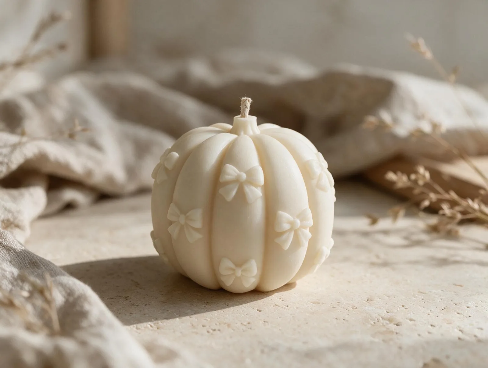 Kürbis Kerze mit Schleifen aus Rapswachs – Herbstdeko & Geschenkidee