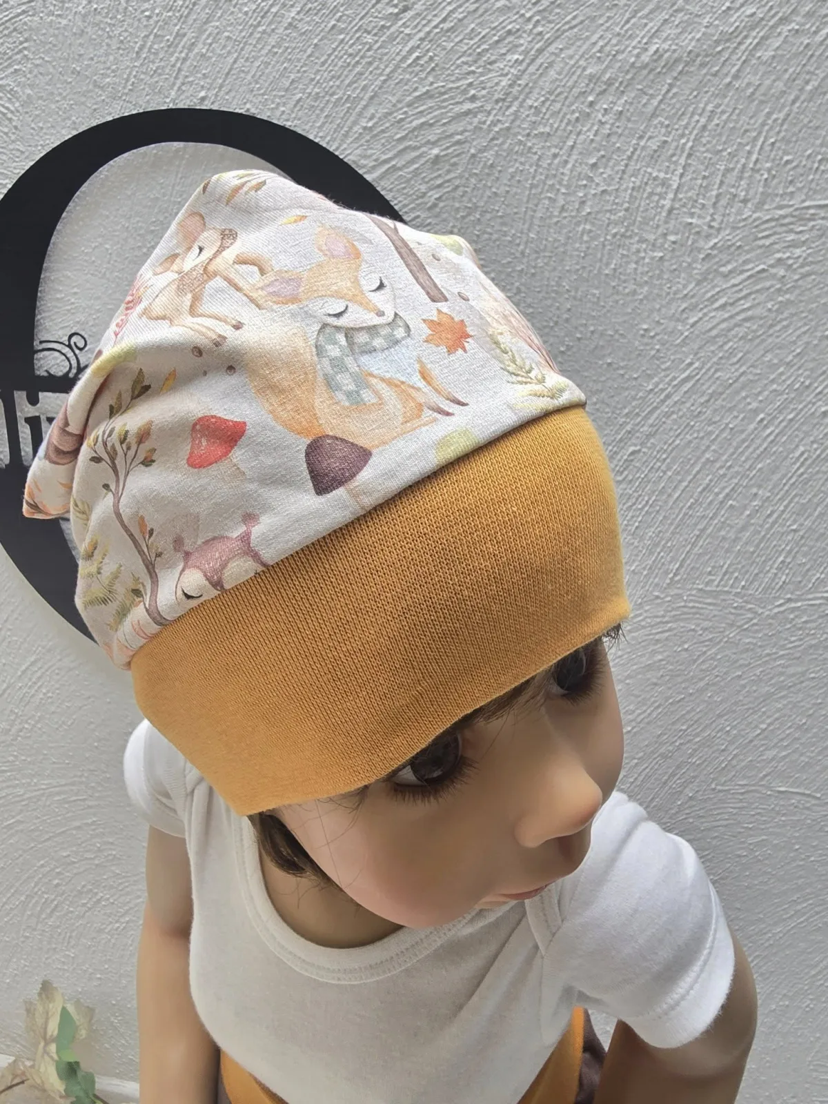 Beanie Mütze Organic KU.48-52 Übergang Sweat Waldtiere Senfgelb
