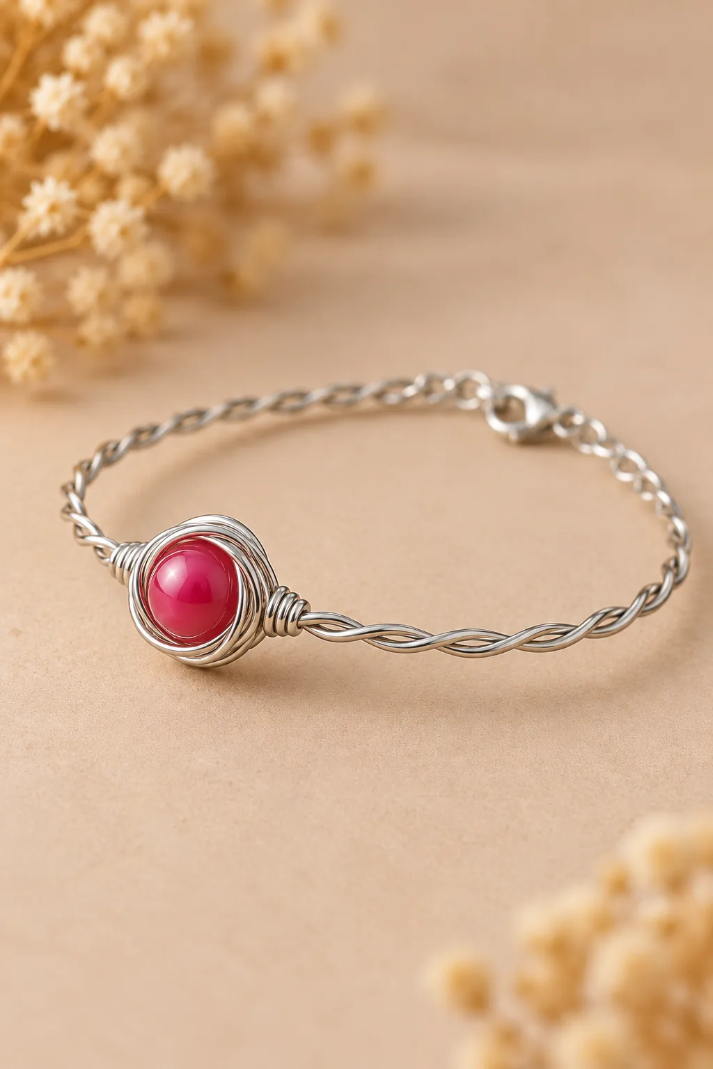 Handgefertigtes Armband – Rote Glasperle & silberfarbener Schmuckdraht – Bild 2