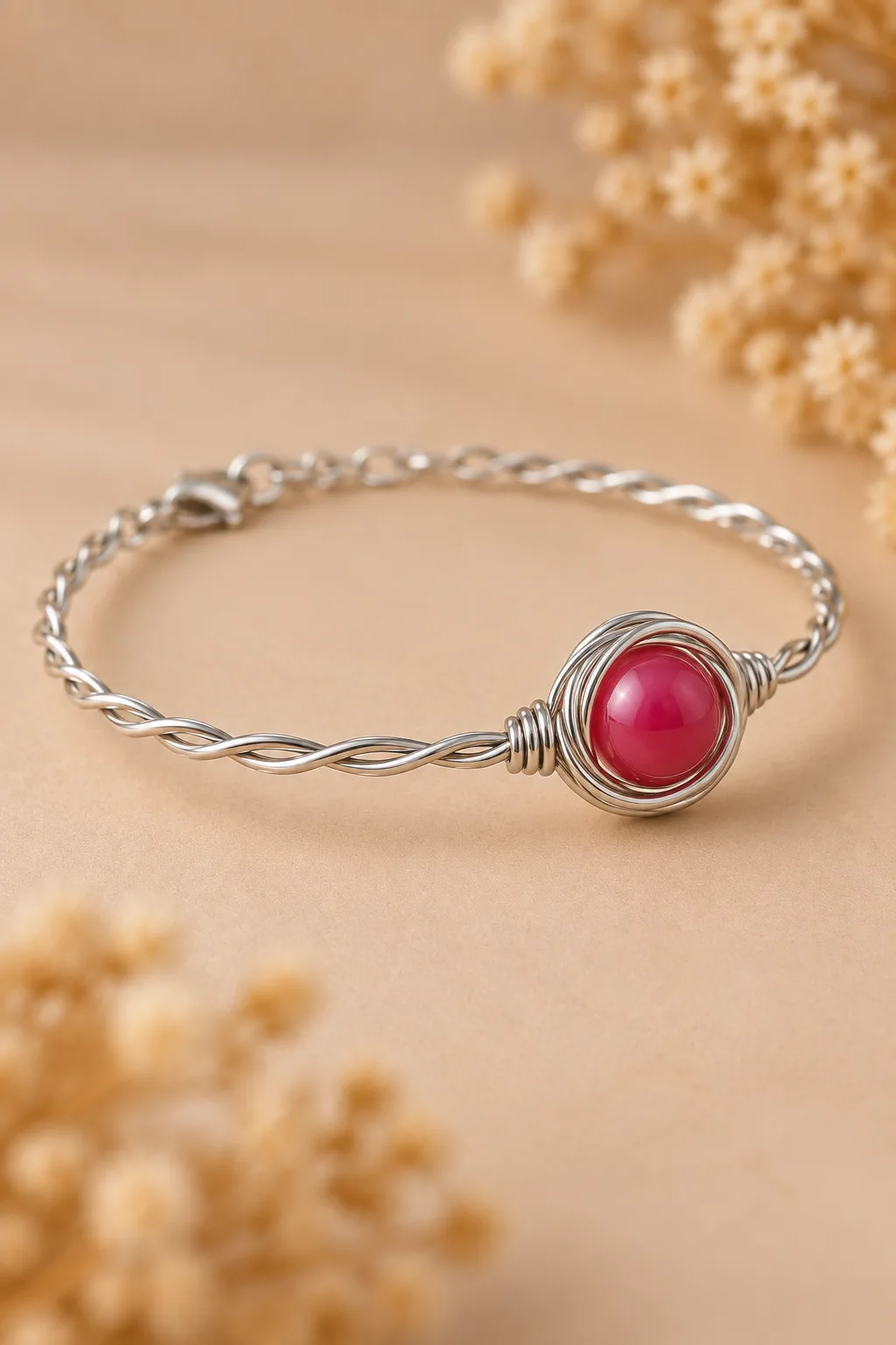 Handgefertigtes Armband – Rote Glasperle & silberfarbener Schmuckdraht – Bild 3