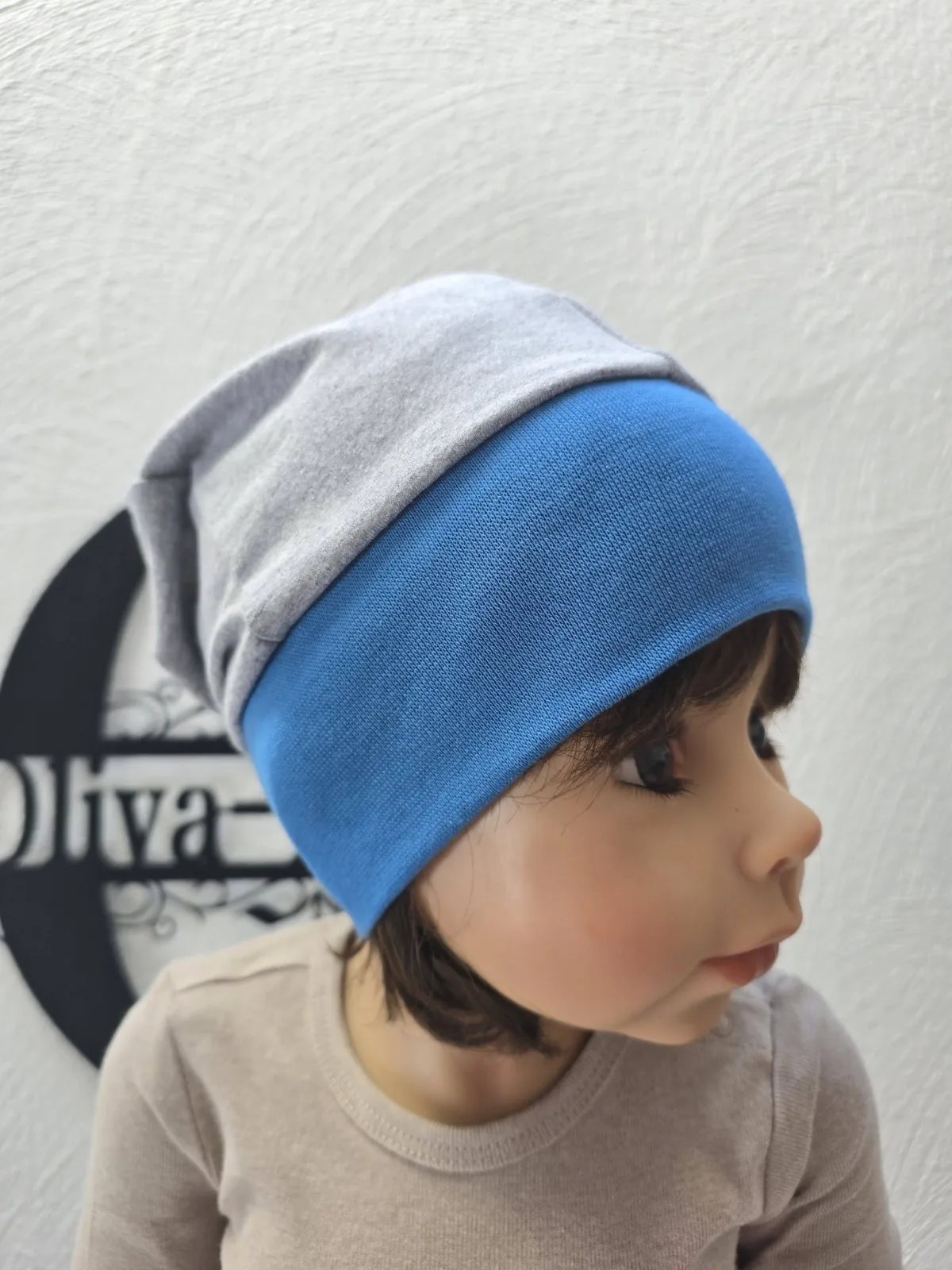 Bio Sweat Beanie Mütze Grau/Blau KU 46-50 cm Schleife Mädchenmütze – Bild 5