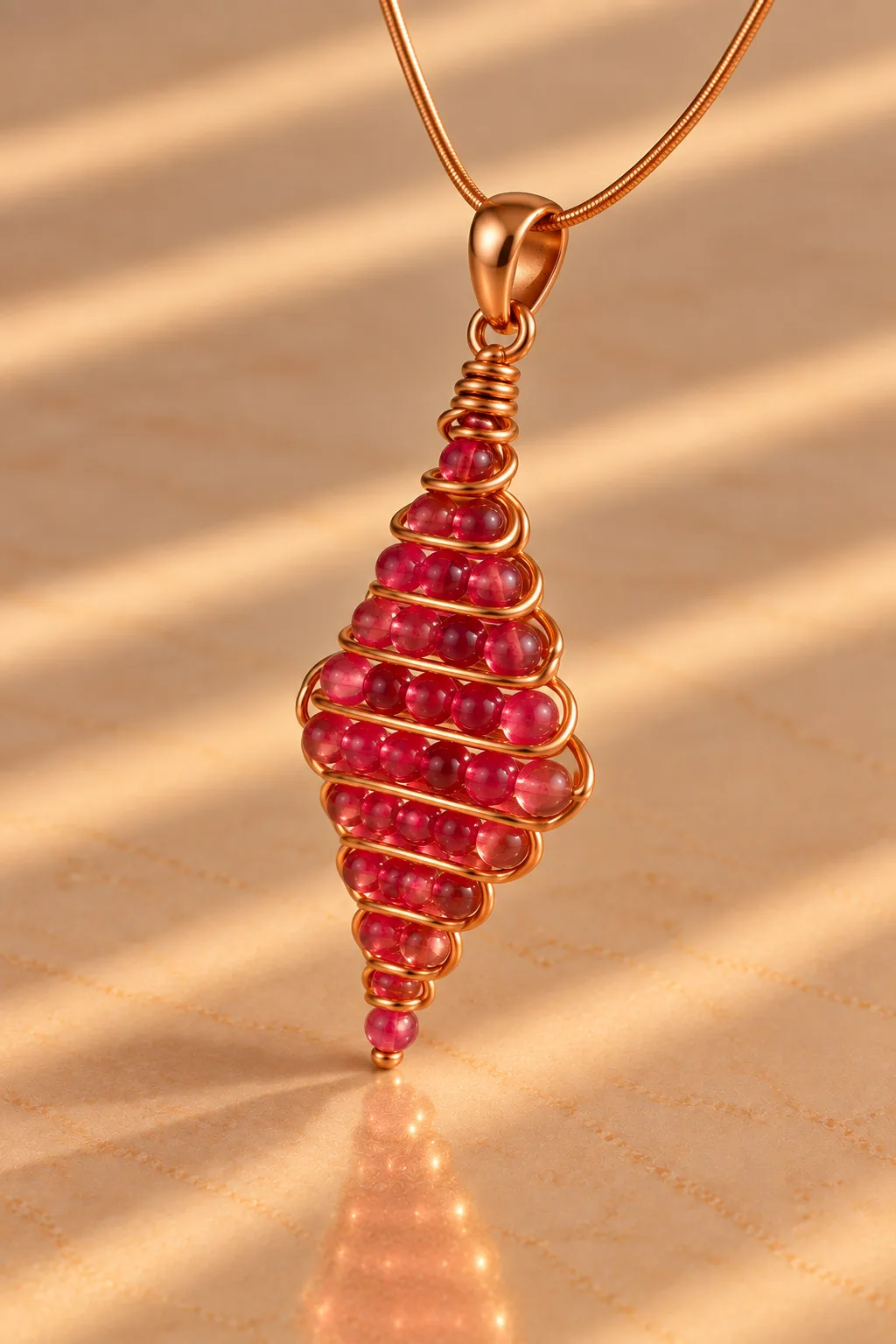 Halskettenanhänger Ruby – Handgemacht – Dunkelrosa Perlen & Kupferdraht – Bild 2