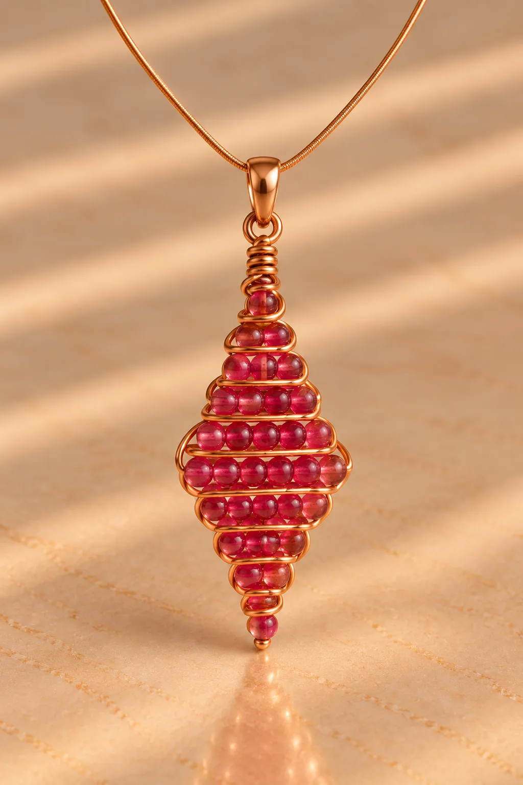 Halskettenanhänger Ruby – Handgemacht – Dunkelrosa Perlen & Kupferdraht