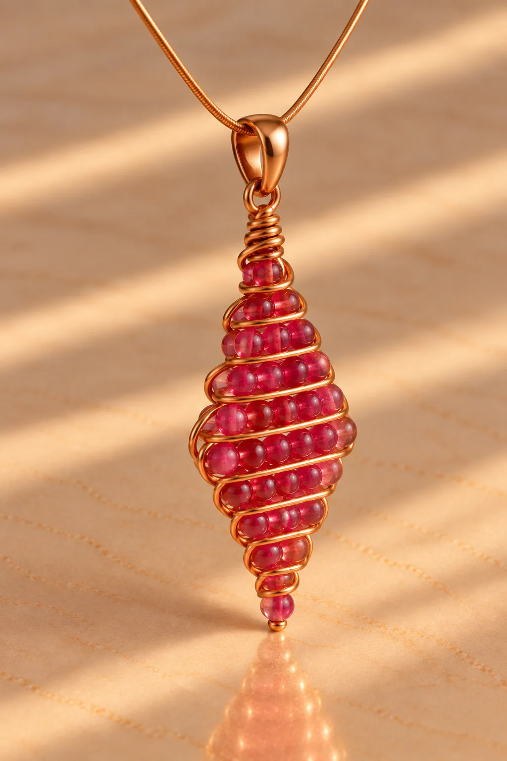 Halskettenanhänger Ruby – Handgemacht – Dunkelrosa Perlen & Kupferdraht – Bild 3