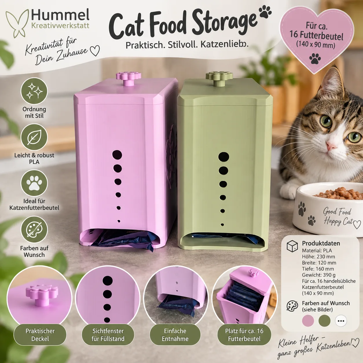 Cat Food Storage Box PLA 3D-Printed Pet Organizer Paw Print Design, Farbwunsch