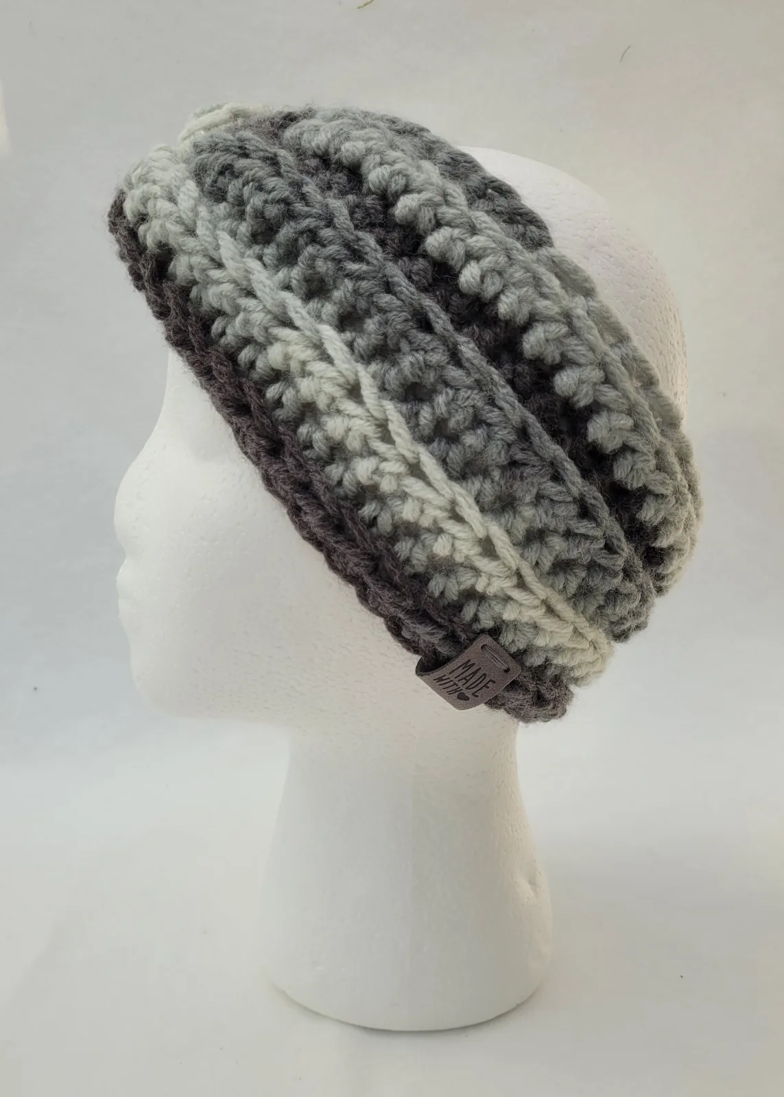 Handgehäkeltes Stirnband für Damen in Grautönen Winter Haarband Kopfbedeckung dicke Mischwolle (20% Wolle) KU 52–56 cm – Bild 7