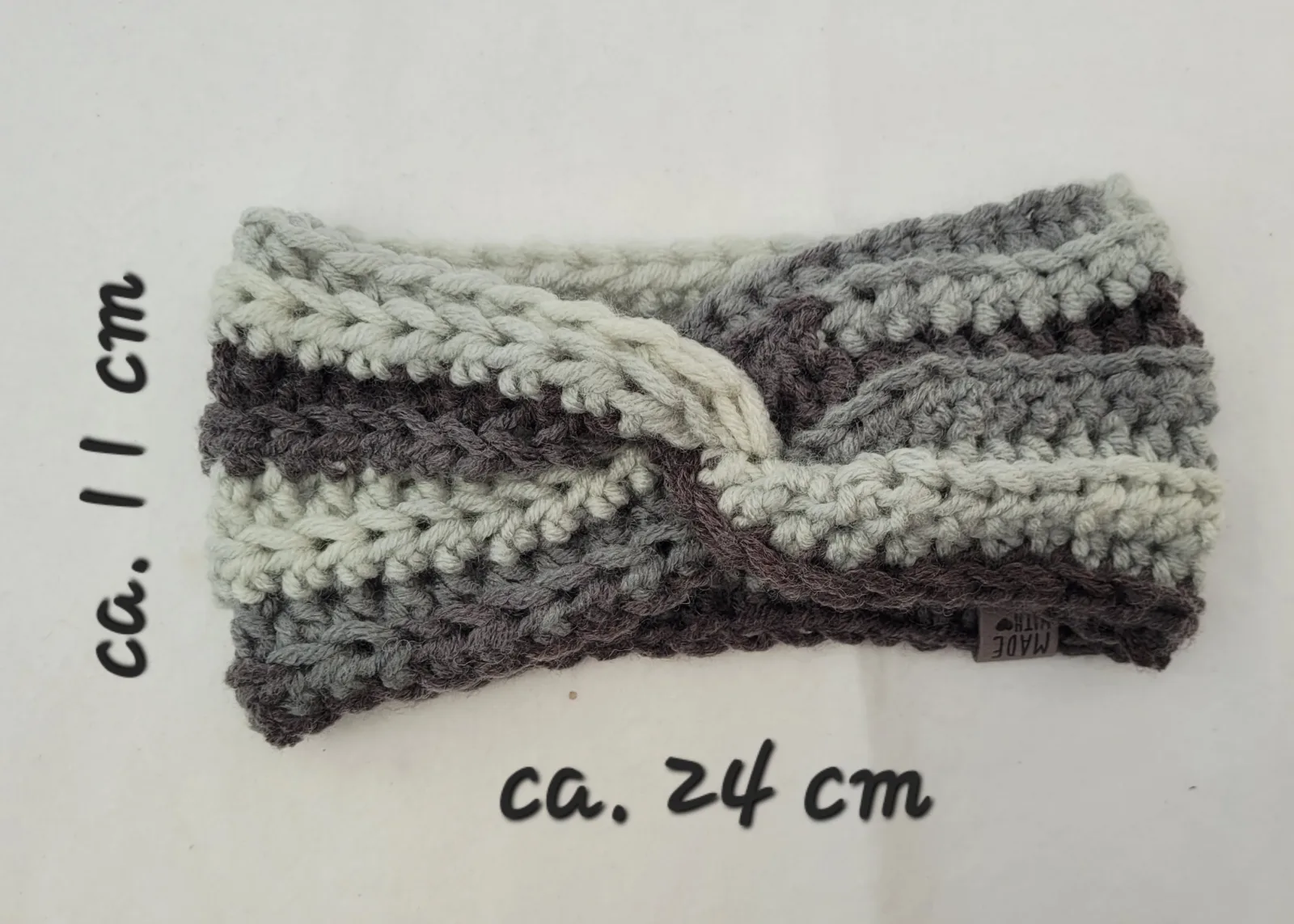 Handgehäkeltes Stirnband für Damen in Grautönen Winter Haarband Kopfbedeckung dicke Mischwolle (20% Wolle) KU 52–56 cm – Bild 4