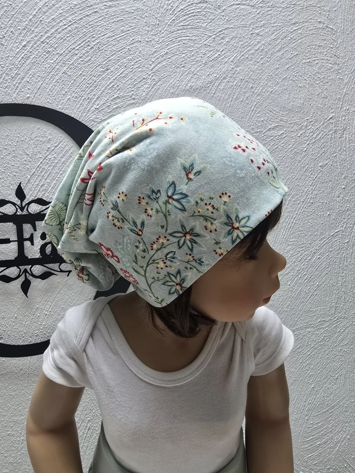 Beanie Mütze KU.50-54 cm Mädchen doppellagig mint Blumen Bio – Bild 3