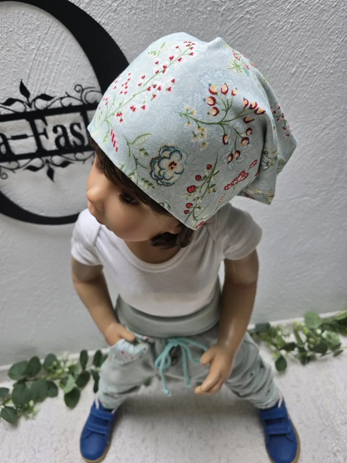 Beanie Mütze KU.50-54 cm Mädchen doppellagig mint Blumen Bio – Bild 2
