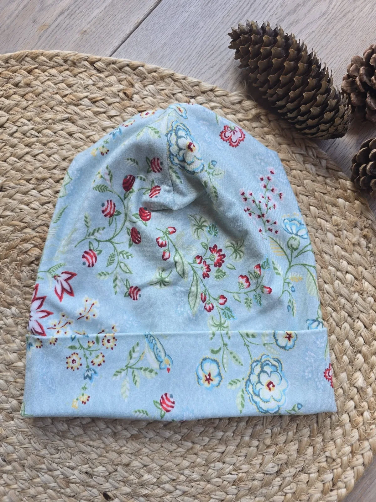 Beanie Mütze KU.50-54 cm Mädchen doppellagig mint Blumen Bio