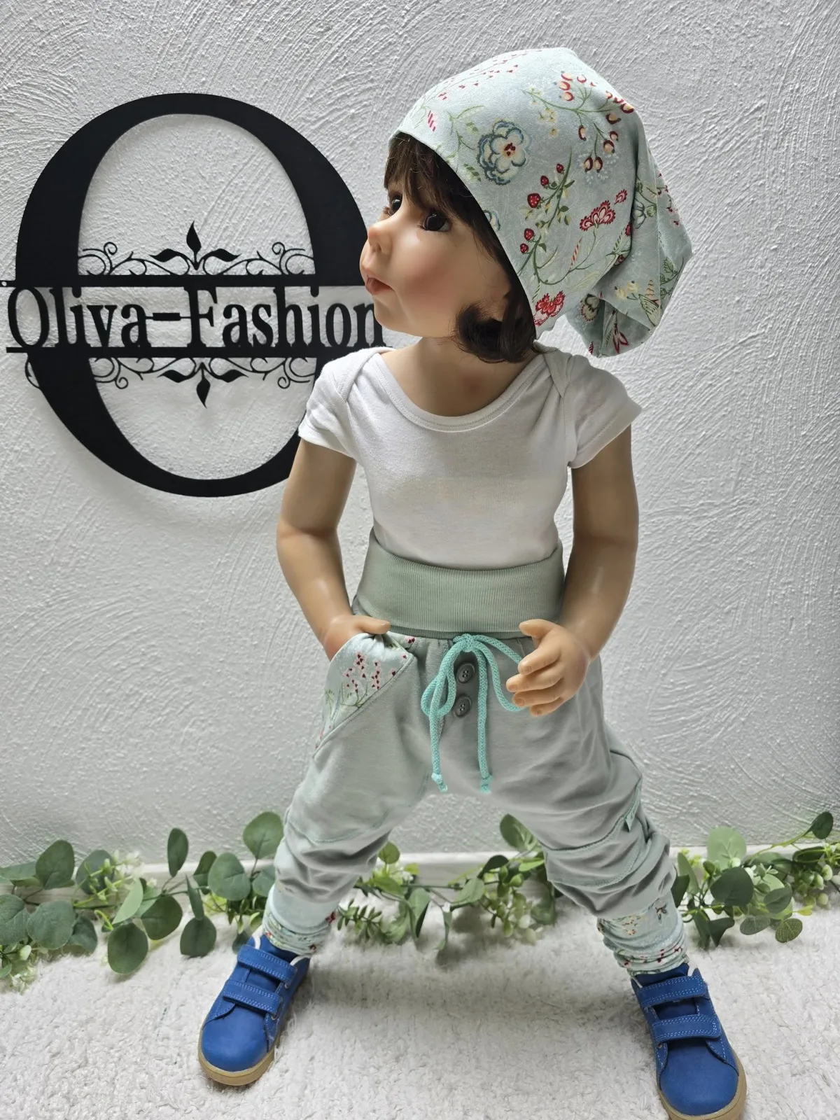 Beanie Mütze KU.50-54 cm Mädchen doppellagig mint Blumen Bio – Bild 5