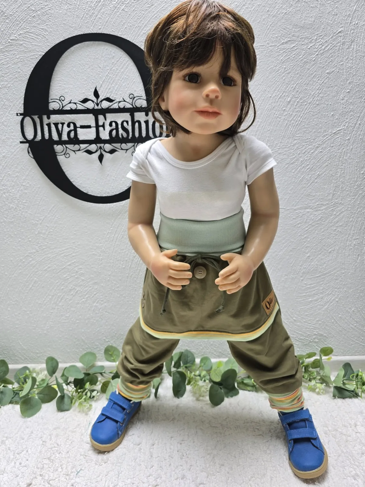 Bio Sweat Pumphose Gr.98/104 Khaki Streifen-Bündchen Übergang – Bild 2