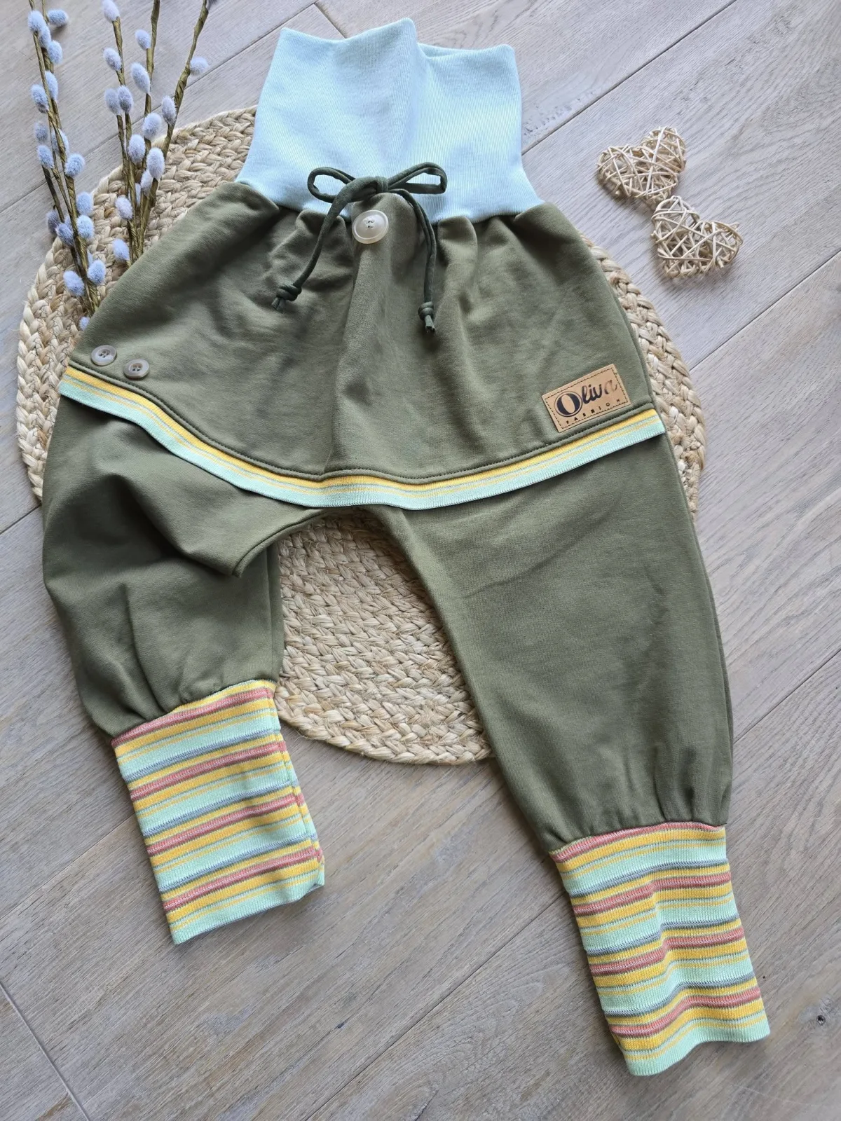 Bio Sweat Pumphose Gr.98/104 Khaki Streifen-Bündchen Übergang
