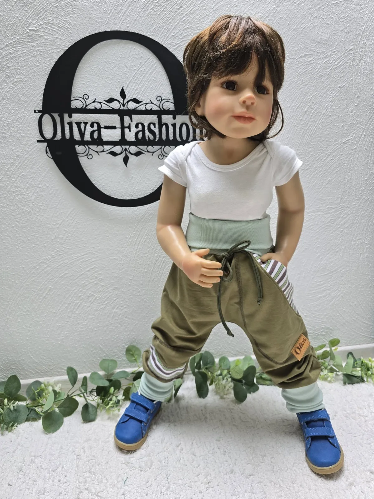 Organic Sweat Pumphose Unikat 98/104 Khaki, Tasche mit Streifen – Bild 6
