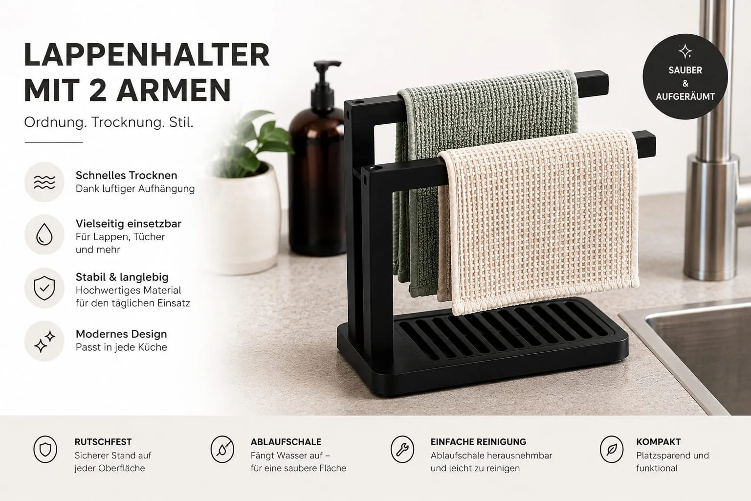 Lappenhalter mit 2 Armen, 3D-gedruckt, schwarz – Bild 4