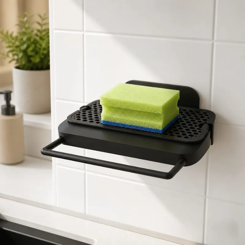Schwammhalter Küche mit Lappenhalter | Abtropfsieb Wandhalterung | Kleben statt Bohren | Spülbecken Organizer | Platzsparend – Bild 5