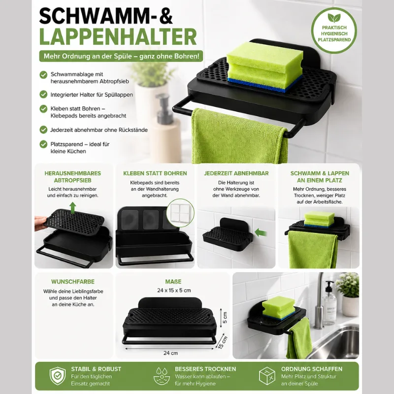 Schwammhalter Küche mit Lappenhalter | Abtropfsieb Wandhalterung | Kleben statt Bohren | Spülbecken Organizer | Platzsparend – Bild 3