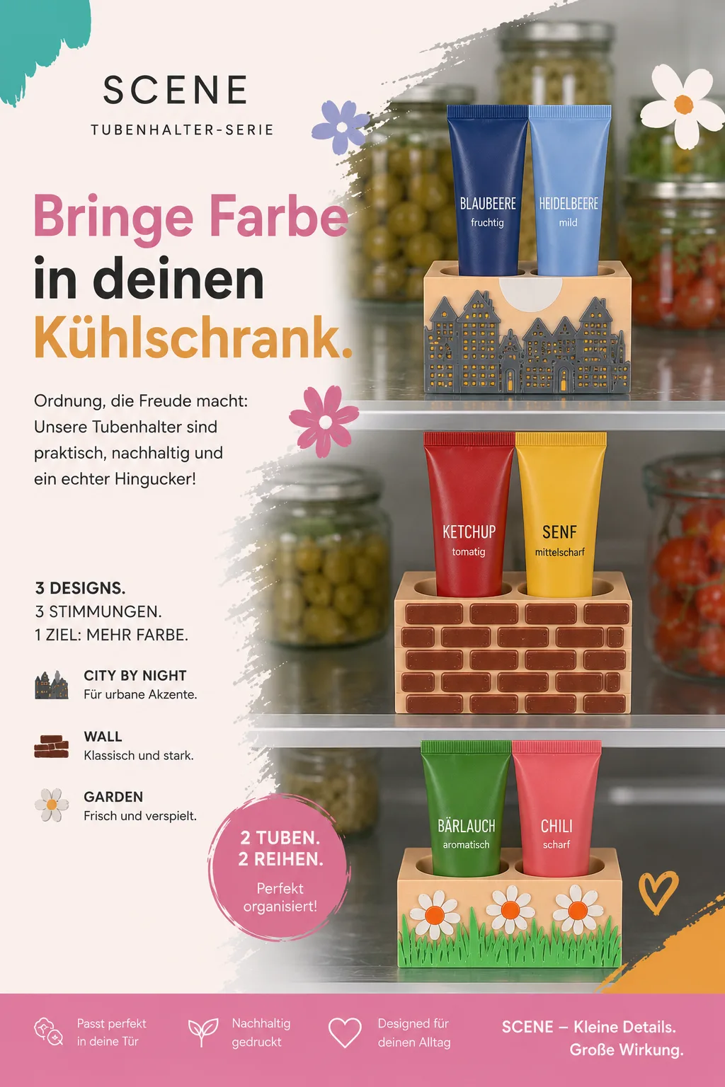Tubenhalter Kühlschrank „SCENE“ | 3D gedruckter Halter für 4 Tuben | Organizer Küche | Szenen City by Night, Wall, Garden