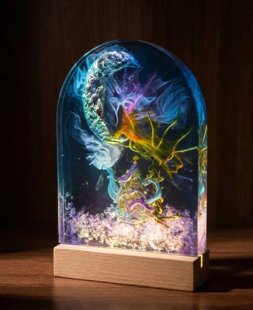 Fantasy Lampe Epoxidharz – Magische Miniaturwelt mit Mond und Märchenhaus, LED, Holzsockel, Handmade Unikat – Bild 3