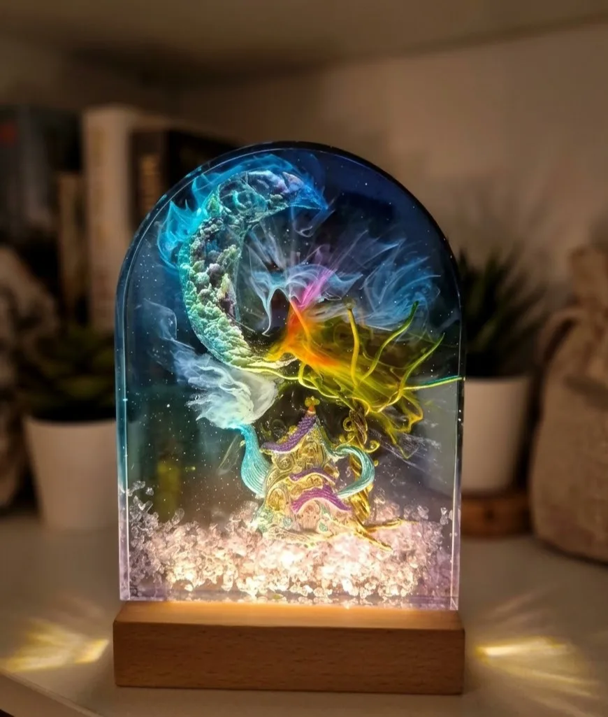 Fantasy Lampe Epoxidharz – Magische Miniaturwelt mit Mond und Märchenhaus, LED, Holzsockel, Handmade Unikat – Bild 4