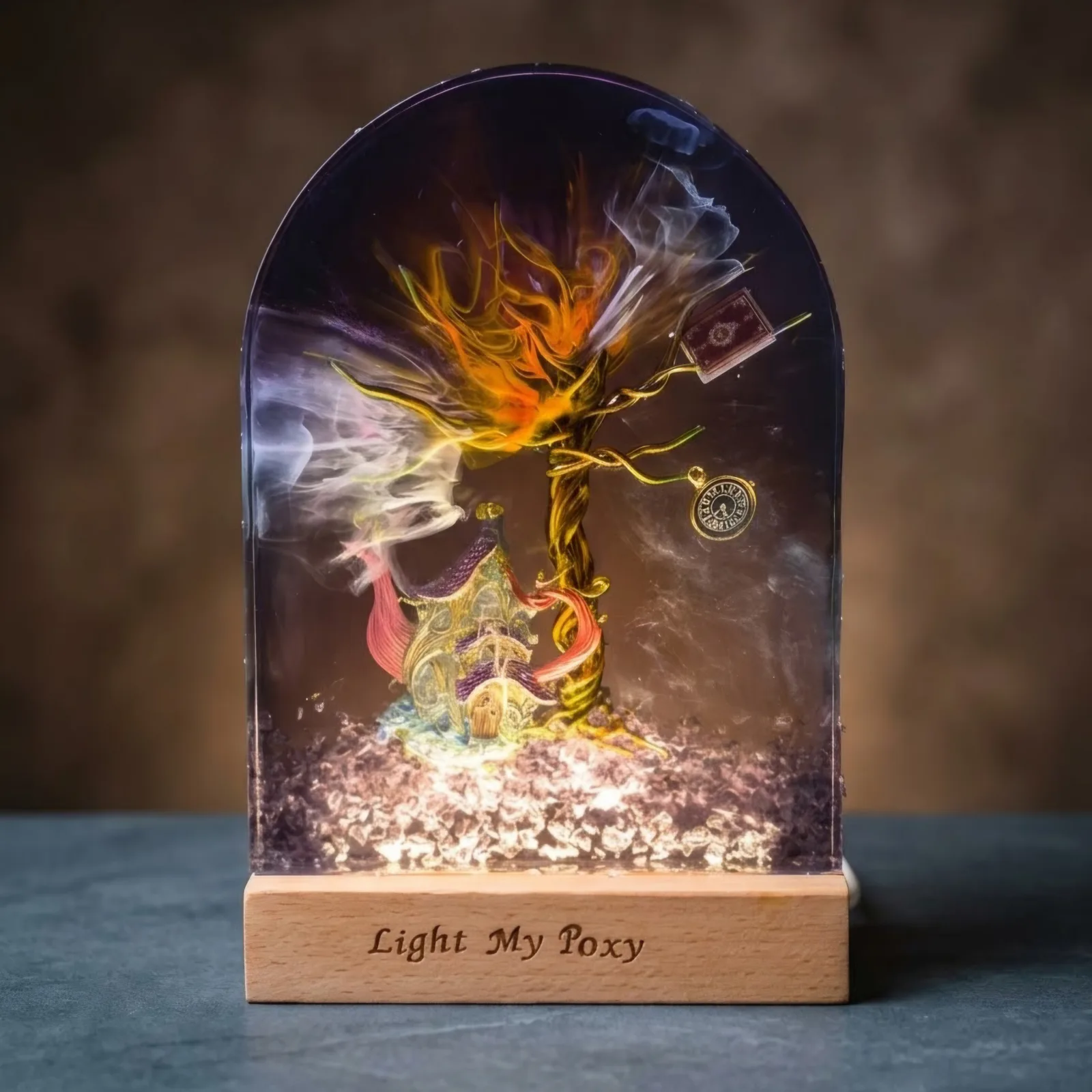​Handgefertigte LED-Epoxidharz-Lampe – Magisches Haus & Mystischer Baum (15x20 cm)