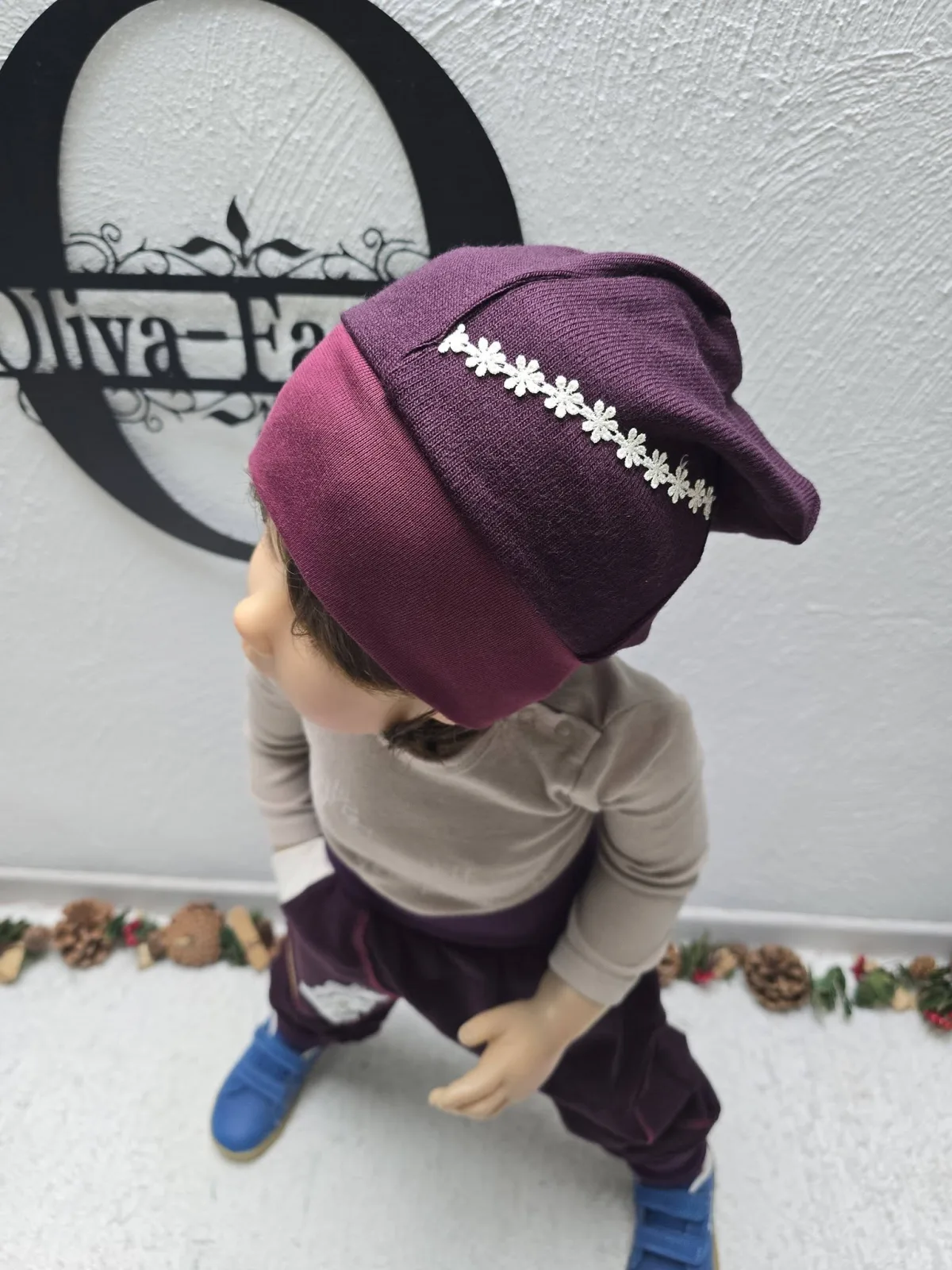 Pumphose aus Strickjersey Beere Blumenspitze Gr.98/104 Unikat, weich – Bild 8