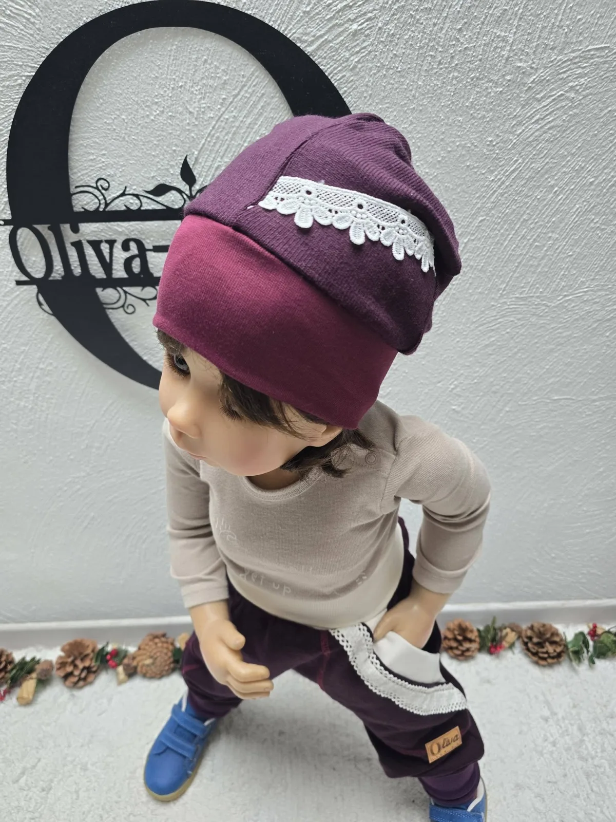 Pumphose aus Strickjersey Beere Spitze Gr.98/104 Unikat, weich – Bild 3