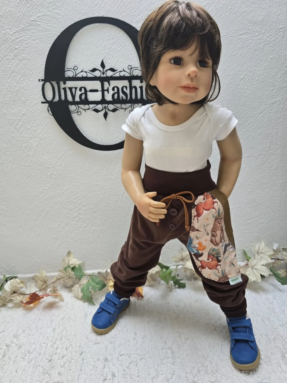 Frottee Kinderhose Gr.98/104 – Weiche Pumphose Braun mit Waldtiere – Bild 5