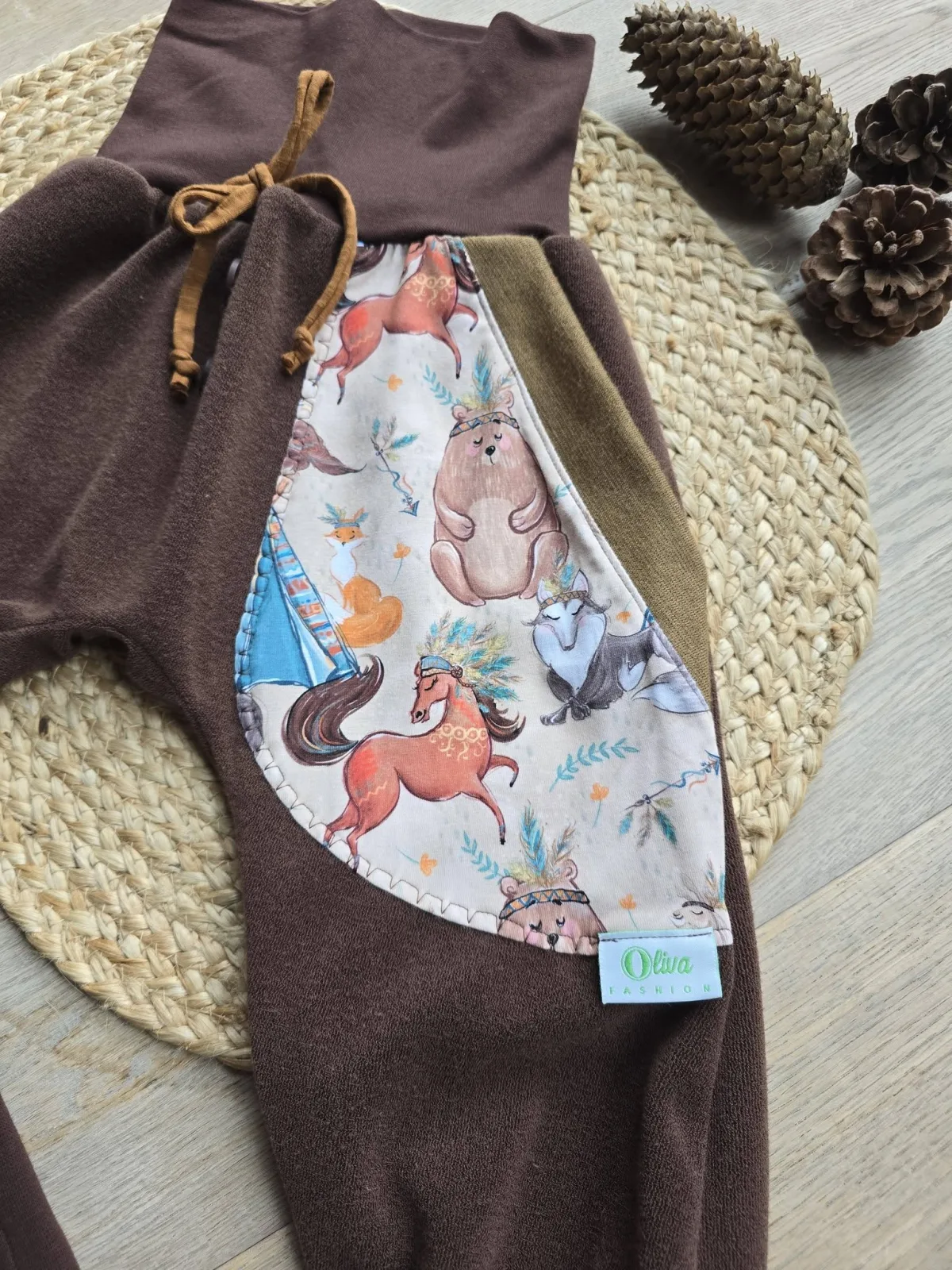 Frottee Kinderhose Gr.98/104 – Weiche Pumphose Braun mit Waldtiere – Bild 3