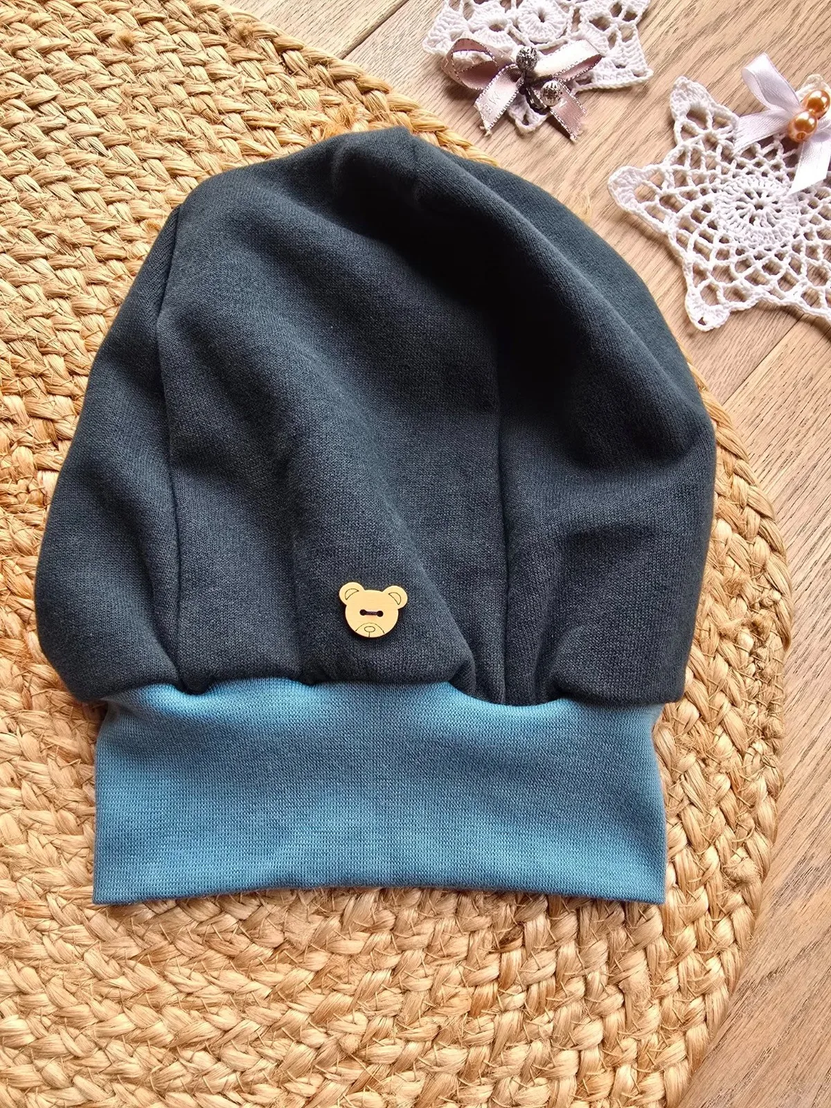 Wintermütze Beanie Kuschelige Kindermütze angeraut Sweat KU.46-50 cm Bärenknopf – Bild 2