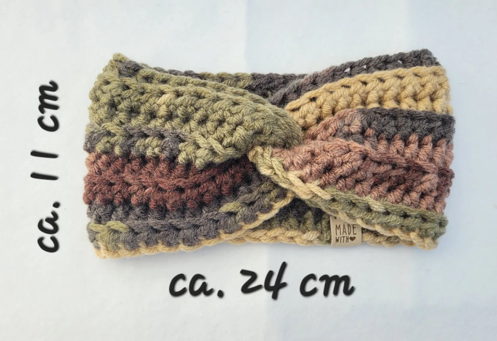 2-teiliges gehäkeltes Winter Set in Tarnfarben für Damen: Stirnband KU 53–57 cm, Halswärmer dicke Mischwolle (25% Wolle) – Bild 9