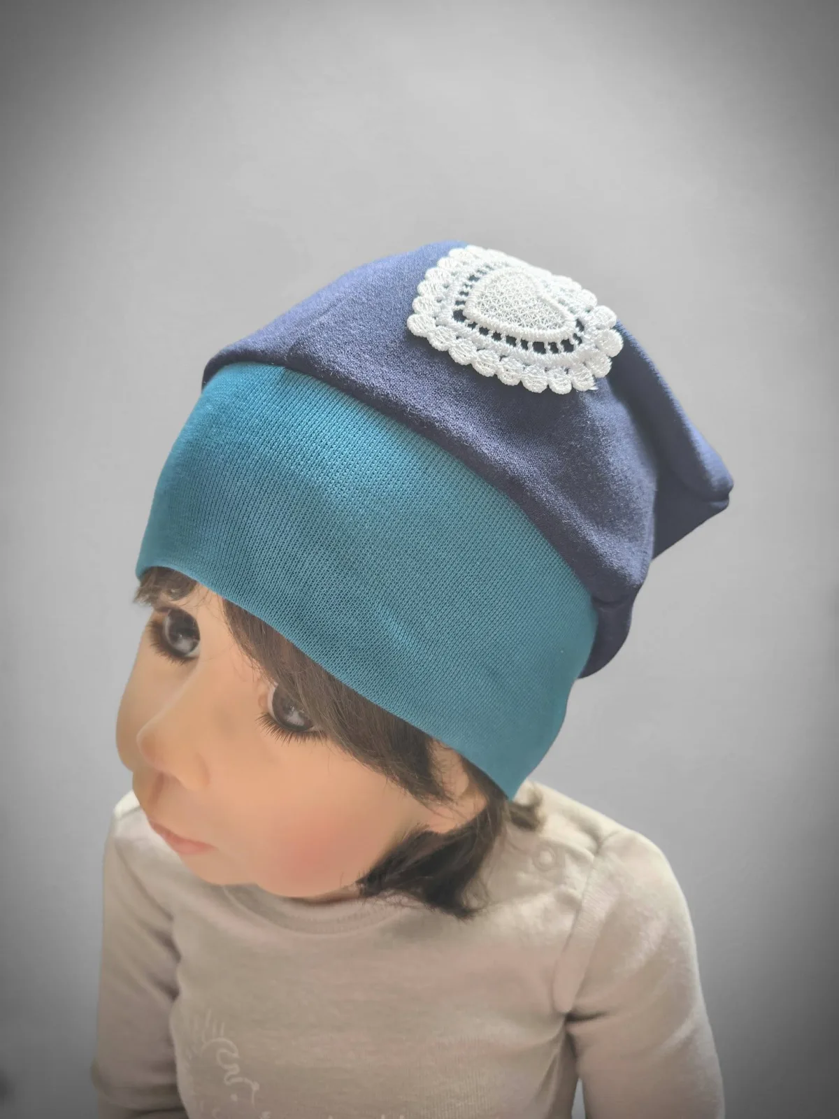 Wintermütze Beanie Kuschelige Kindermütze angeraut Sweat KU.46-50 Blau Herzspitze – Bild 3