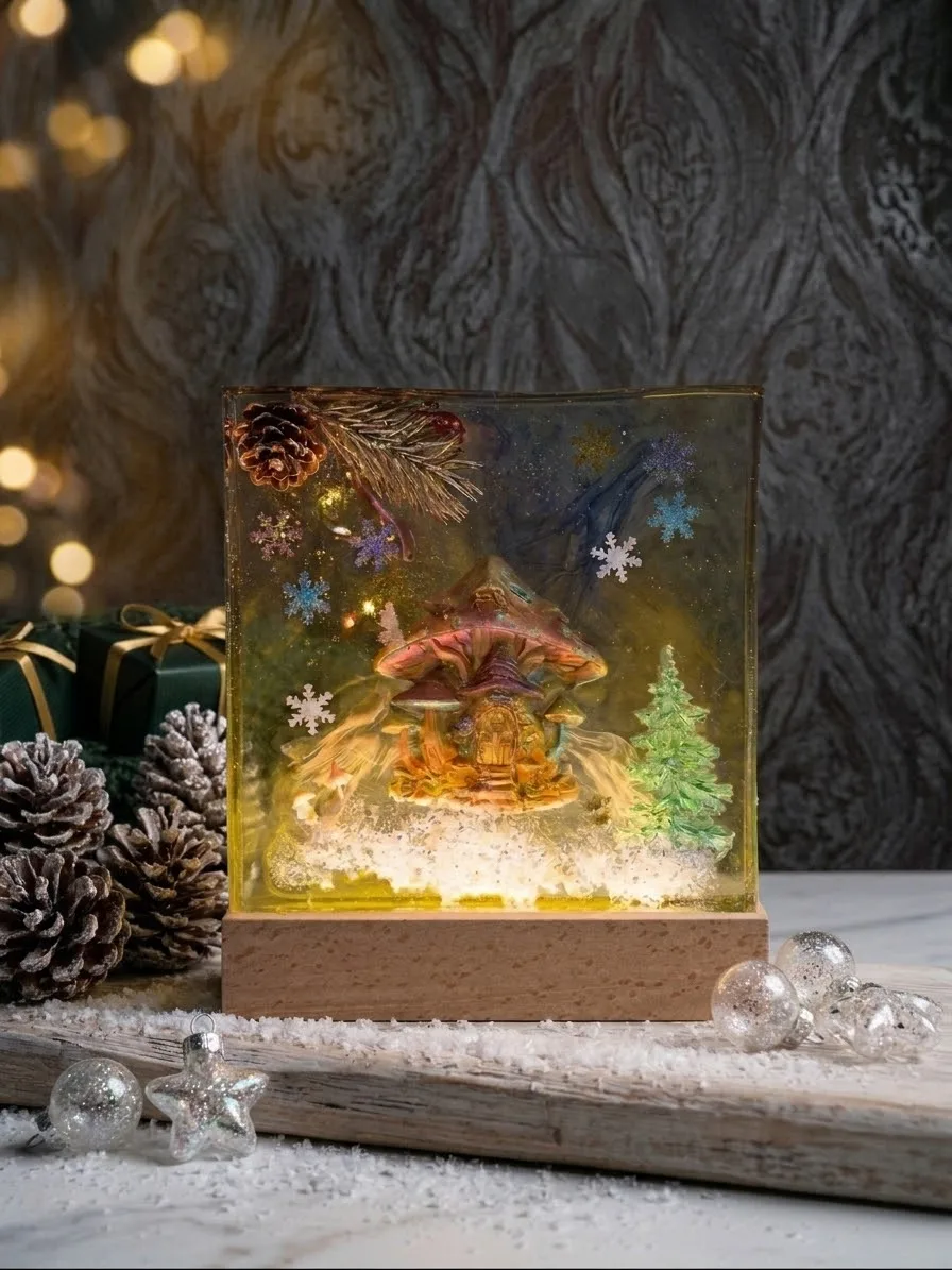 LED Epoxidharz Lampe Weihnachtsdeko – Winter Pilzhaus Kunstharz Handmade Geschenk