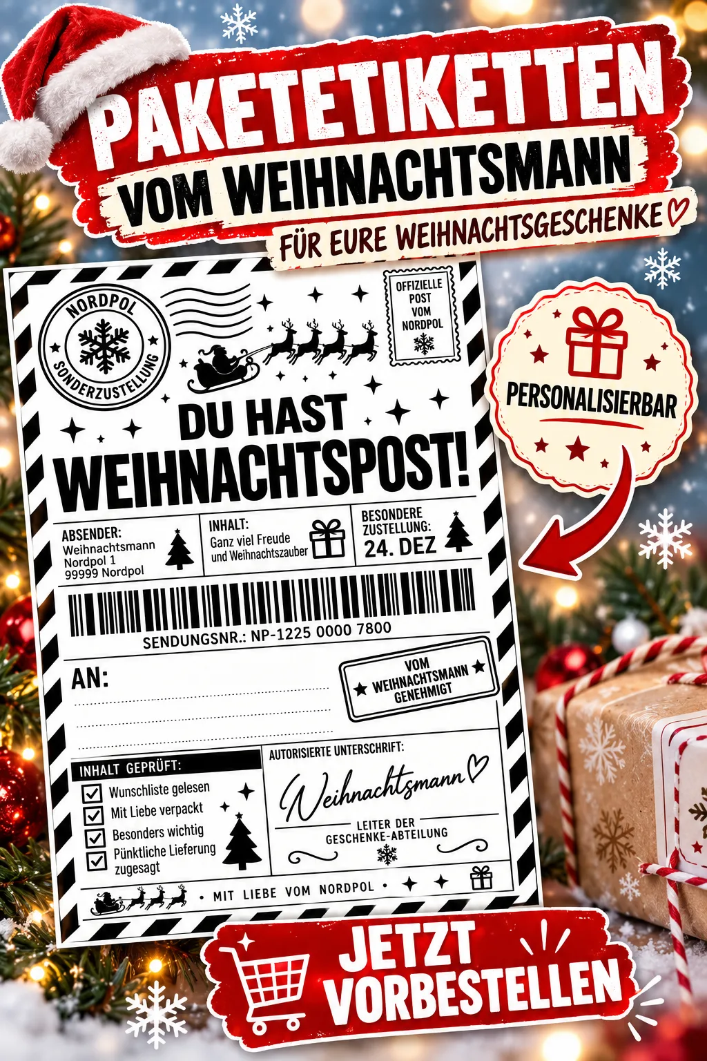 Personalisierbare Weihnachts-Paketaufkleber vom Weihnachtsmann – Nordpol Weihnachtspost